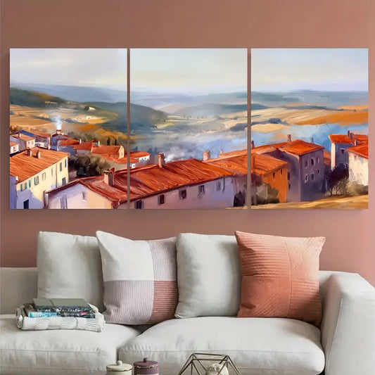 3pcs Golden Hour Warm Village Sunset Metal Print Ready to Hang Art