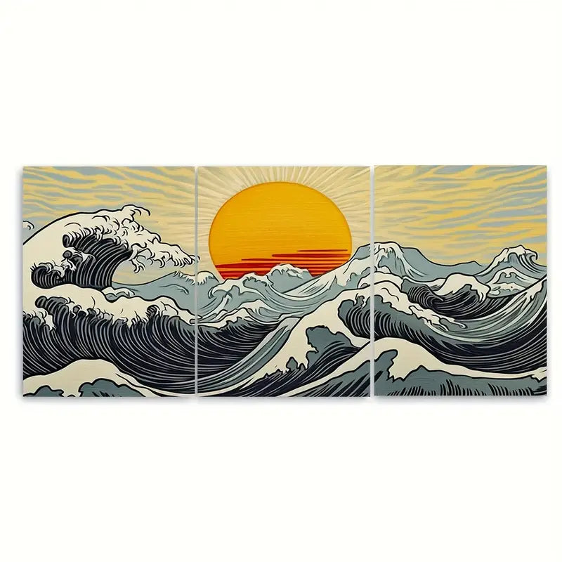 3pcs Sunrise Ocean Waves with Sunset Metal Print Ready to Hang Art