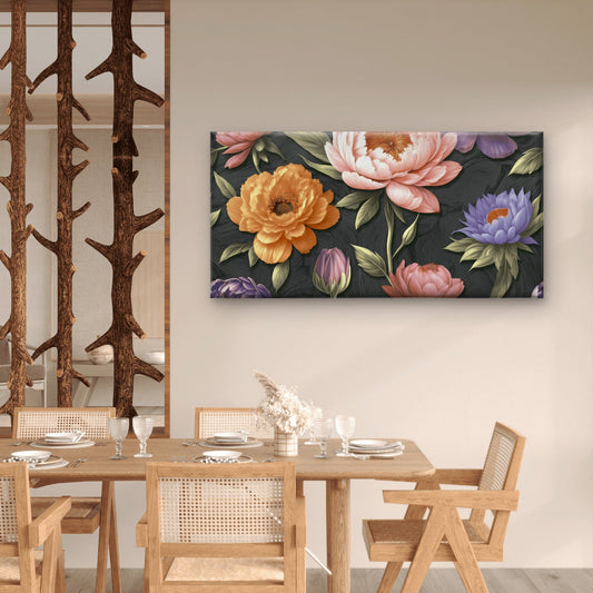 Dark Moody Pink Peony Yellow Purple Floral Pattern Wall Art Canvas Office Home Framed 80x45cm