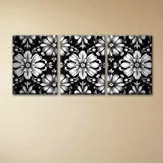 3pcs Dreamy Floral Pattern Design Black & White Metal Print Ready to Hang Art