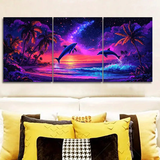 3pcs Dolphins under the purple sky Metal Print Ready to Hang Art