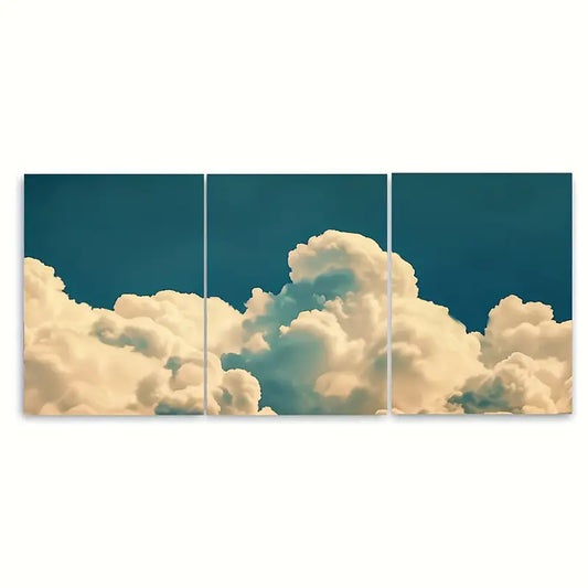 3pcs Vintage Clouds in Sky Blue White Metal Print Ready to Hang Art