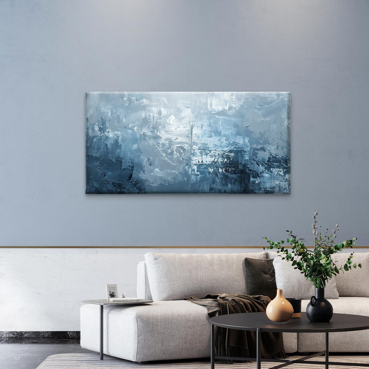 Modern Light Grey Blue Oil Wall Art Canvas Office Home Room Framed 120x60cm