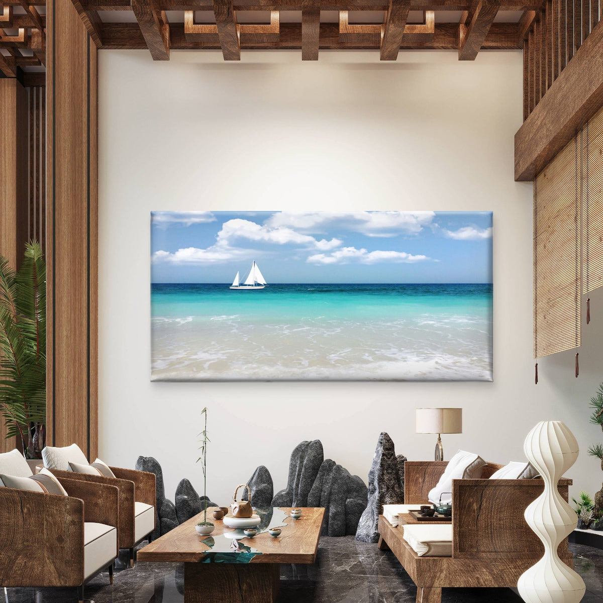 Lone Sailboat Clear Horizon Wall Art Canvas Office Home Room Framed 80x45cm