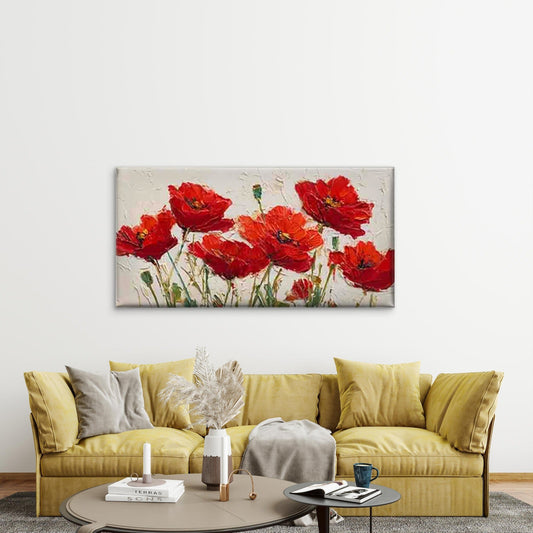 Vibrant Red Floral Oil Painting Wall Art Canvas Office Home Room Framed 80x45cm
