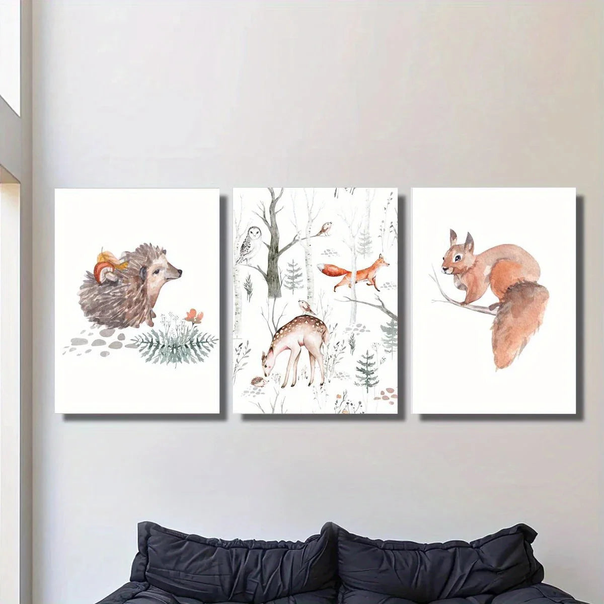 3pcs Watercolor Forest Animals Hedgehog, Squirrel & Deer Metal Print Ready to Hang Art