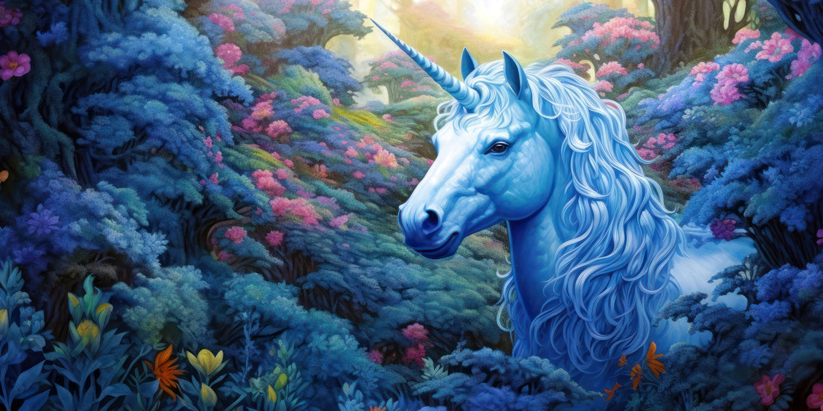 Mystic Blue Unicorn Fantasy Woodland Wall Art Canvas Office Home Framed 120x60cm