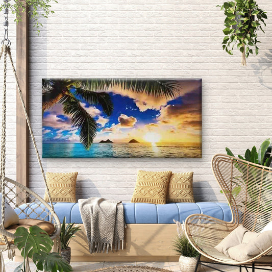 Tropical Beach Sunset Palm Tree Wall Art Canvas Office Home Room Framed 80x45cm