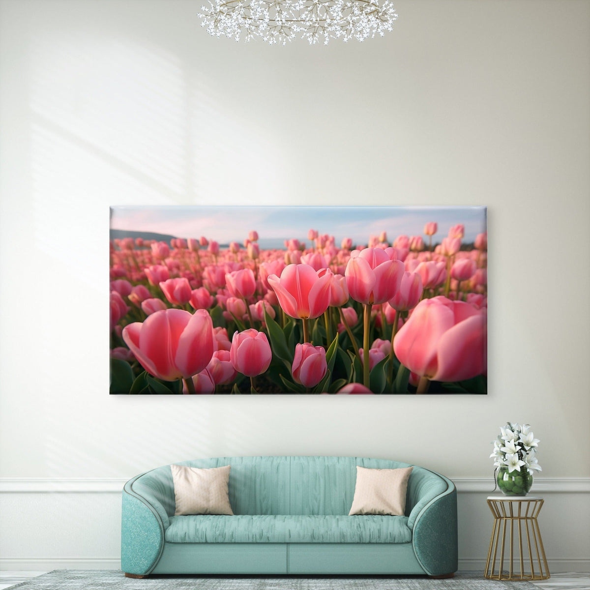 Pink Tulip Field Sunrise Wall Art Canvas Office Home Room Framed 80x45cm