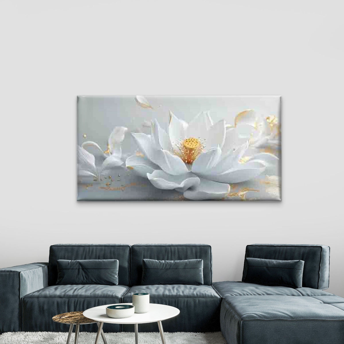 White Lotus with Golden Accents Wall Art Canvas Office Home Room Framed 120x60cm