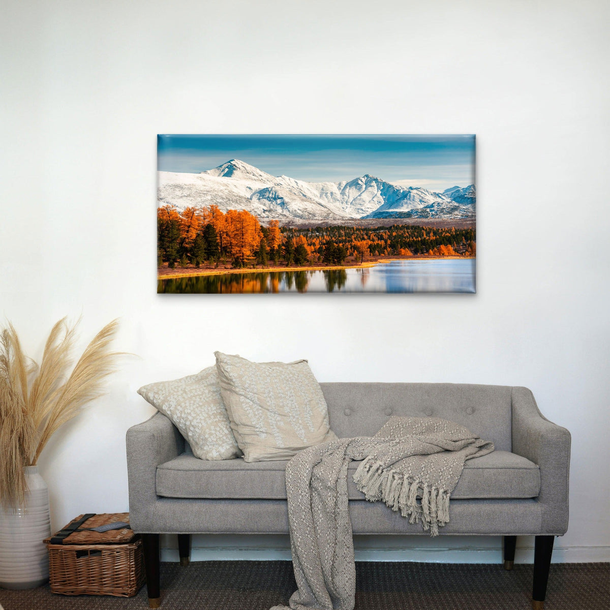 Snowy Mountain Peaks Autumn Forest Lake Reflection Blue Sky Wall Art Canvas Office Home Room Framed 120x60cm
