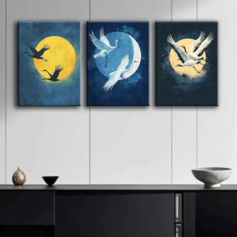 3pcs Moonlit Cranes Metal Print Ready to Hang Art