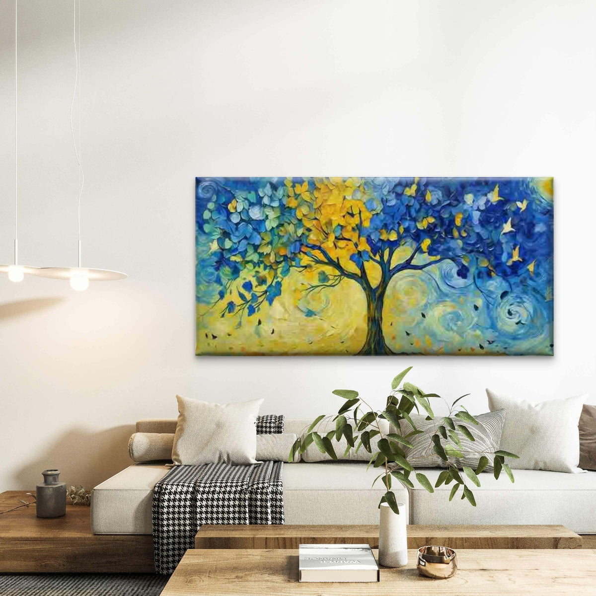 Blue & Yellow Abstract Tree Wall Art Canvas Office Home Room Framed 80x45cm