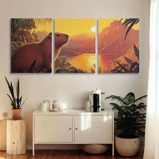 3pcs Cute Capybara Sunrise Over Ancient Lake Metal Print Ready to Hang Art