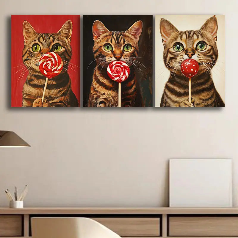 3pcs Whimsical Cat Lollipop Classic Design Metal Print Ready to Hang Art