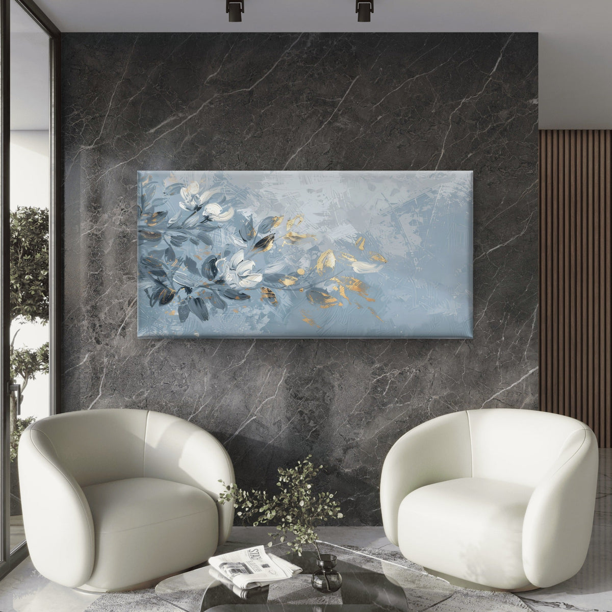 Blue Gold Floral Branch Wall Art Canvas Office Home Room Framed 120x60cm