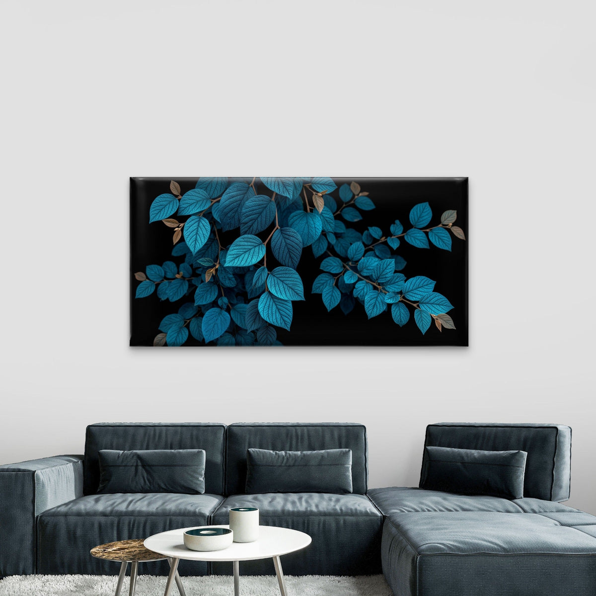 Dark Moody Blue Teal Leaves Foliage Wall Art Canvas Office Home Framed 80x45cm
