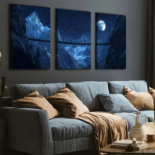 3pcs Modern Natural Mountain Night Scene Artworks Dark Wall Art Set Canvas Framed 40x60cm - High Quality Print 100% Australian Made Wall Canvas Ready to Hang