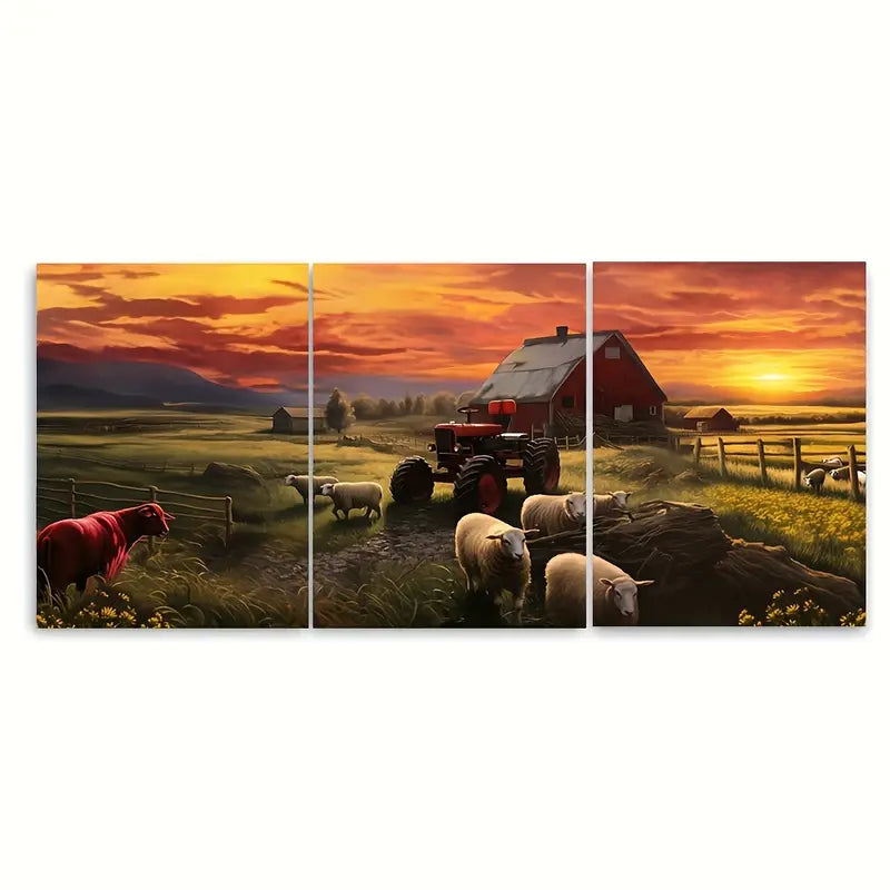 3pcs Sunrise Sheep Farm Warm Tones Metal Print Ready to Hang Art