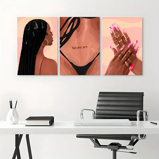 3pcs African Beauty with Pink Lips Metal Print Ready to Hang Art