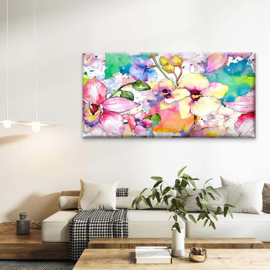 Colorful Watercolor Floral Paint Wall Art Canva Office Home Room Framed 80x45cm