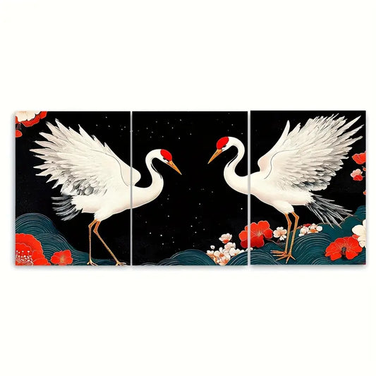 3pcs Asian Crane Japanese Red White Metal Print Ready to Hang Art