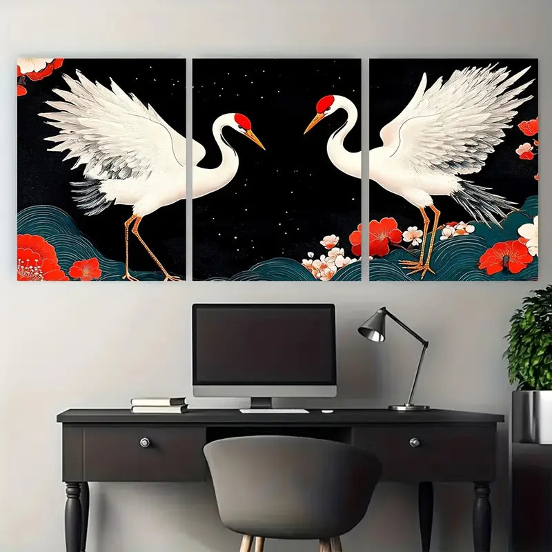 3pcs Asian Crane Japanese Red White Metal Print Ready to Hang Art