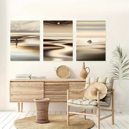 3pcs Minimalist Beach Sunset & Sand Design Metal Print Ready to Hang Art