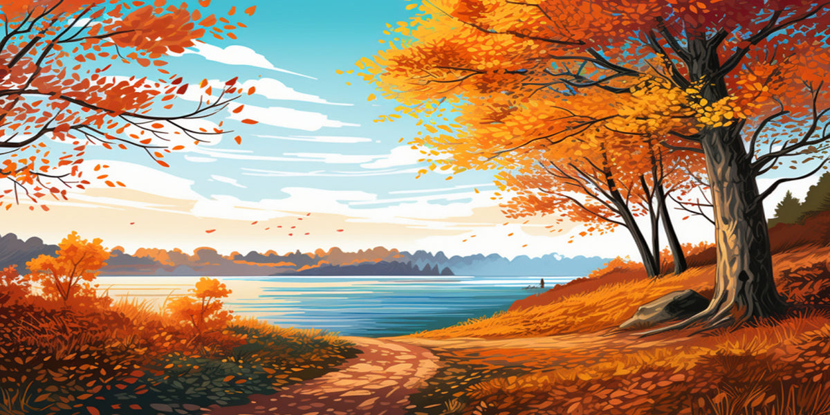Autumn Lake Path Scenic Fall Foliage View Wall Art Canvas Office Home Framed 120x60cm