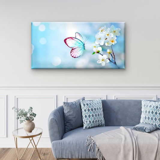 Spring Butterfly Blue Blossom Wall Art Canvas Office Home Room Framed 80x45cm
