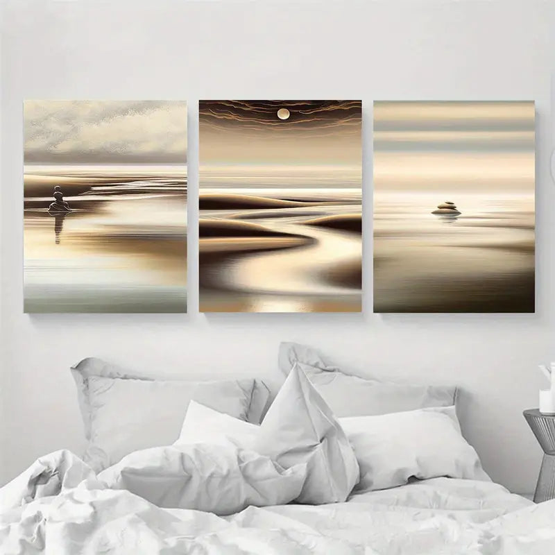 3pcs Minimalist Beach Sunset & Sand Design Metal Print Ready to Hang Art
