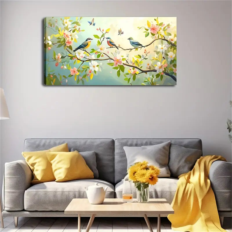 Colorful Birds on a Branch White Wall Art Canvas Office Home Room Framed 120x60cm