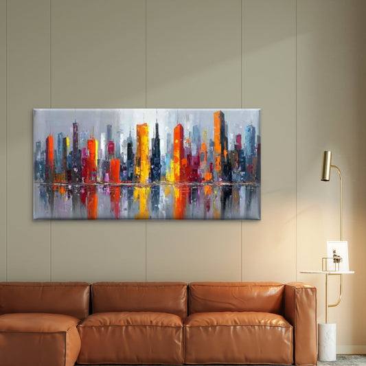 Vibrant Abstract Urban Skyline Wall Art Canvas Office Home Room Framed 80x45cm