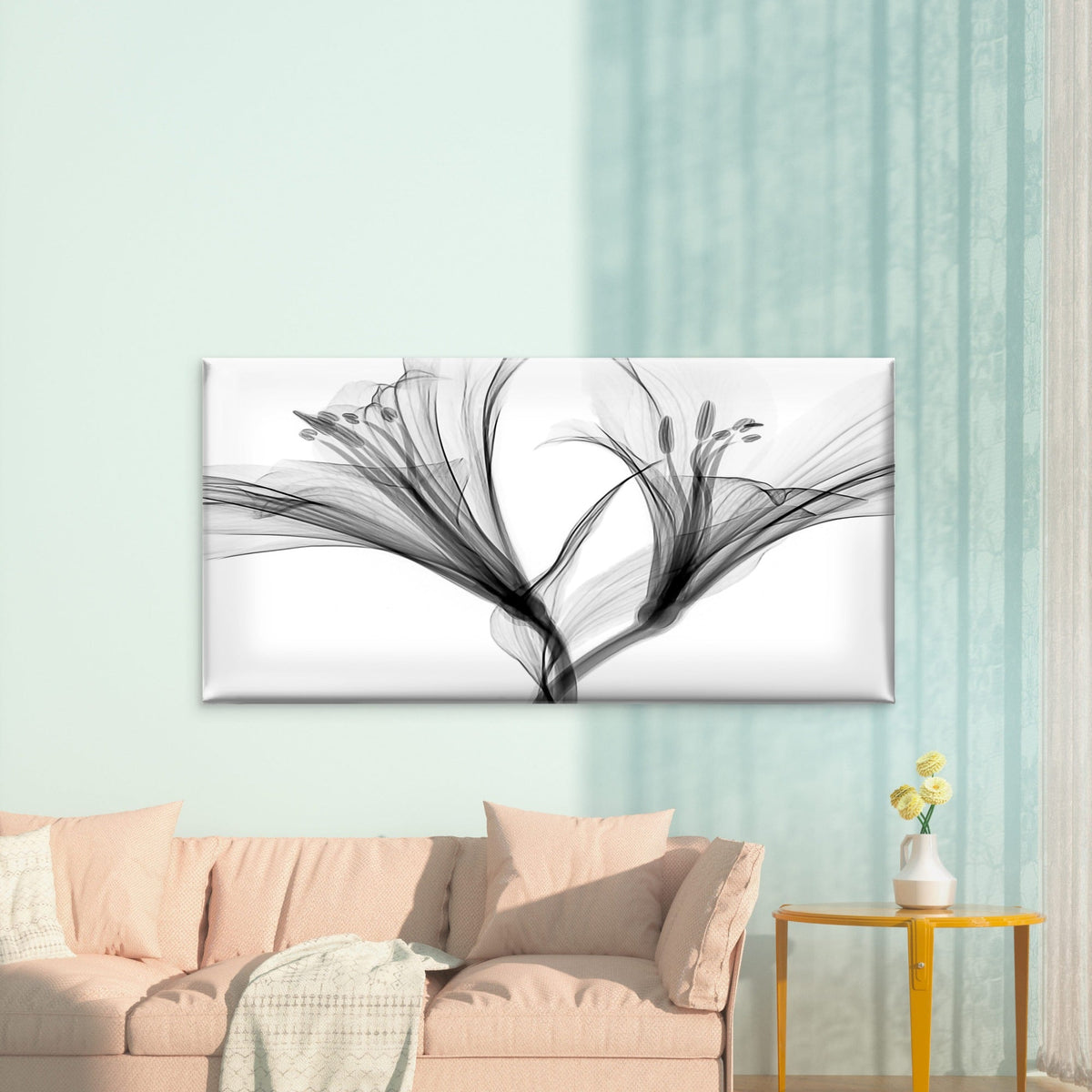 Greyscale Flowers Painting Wall Art Canvas Office Home Room Framed 80x45cm