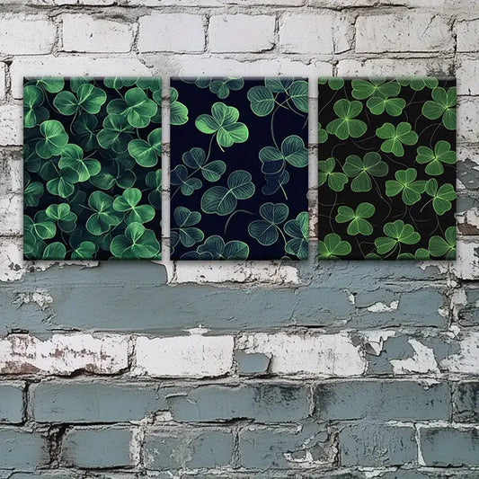 3pcs Green Leaves Lucky Black Classic Design Metal Print Ready to Hang Art