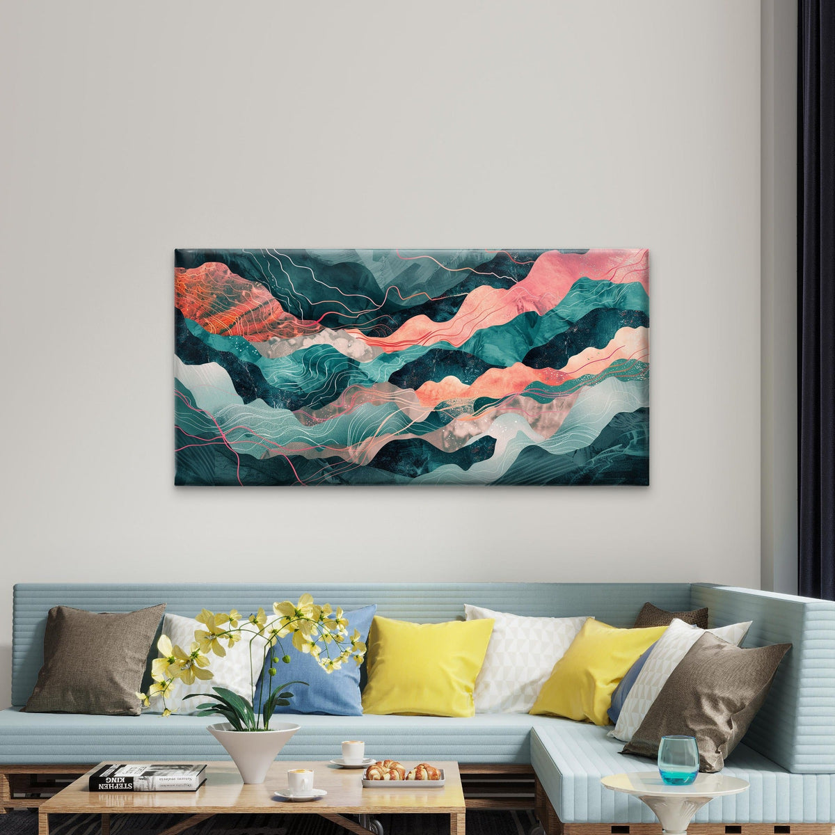 Modern Abstract Teal Coral Pink Wall Art Canvas Office Home Room Framed 120x60cm