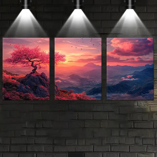 3pcs Vibrant Sunset Landscape with Pink Blooming Tree Metal Print Ready to Hang Art