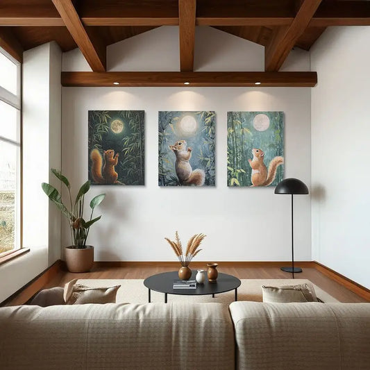 3pcs Whimsical Squirrel Moonlight Forest Metal Print Ready to Hang Art