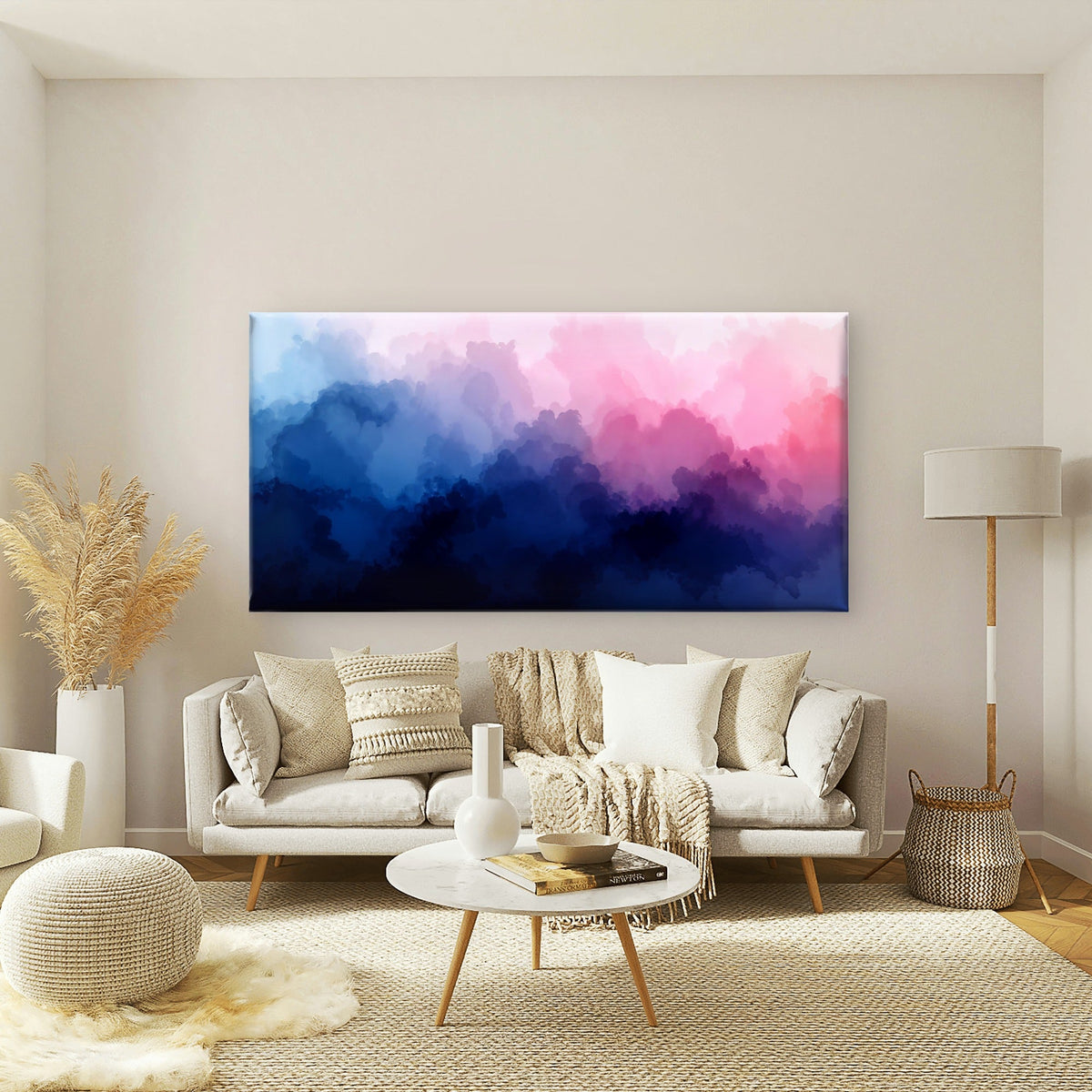 Pink Blue Watercolor Clouds Wall Art Canvas Office Home Room Framed 80x45cm