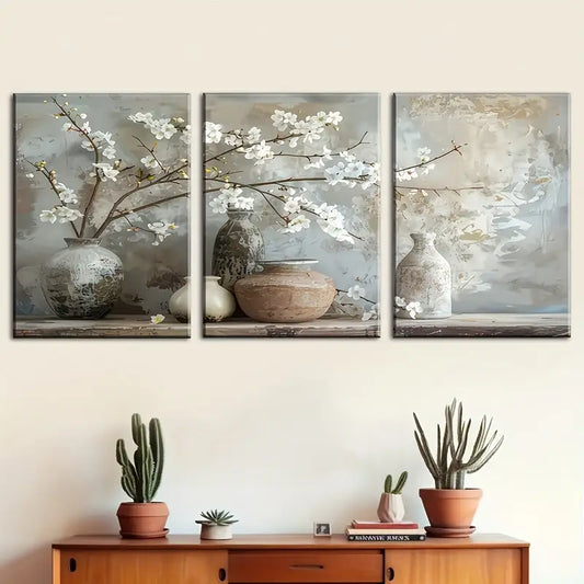 3pcs Retro Style with Ceramic Vases & Soft Pastel Metal Print Ready to Hang Art