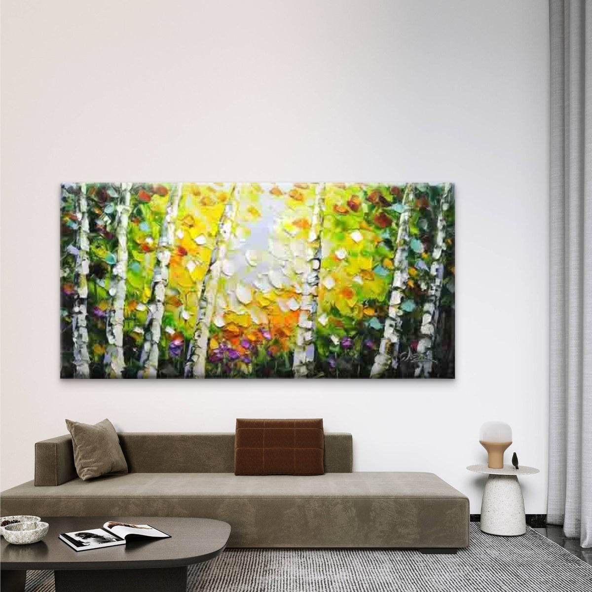 Birch Forest & Colorful Flowers Wall Art Canvas Office Home Room Framed 80x45cm
