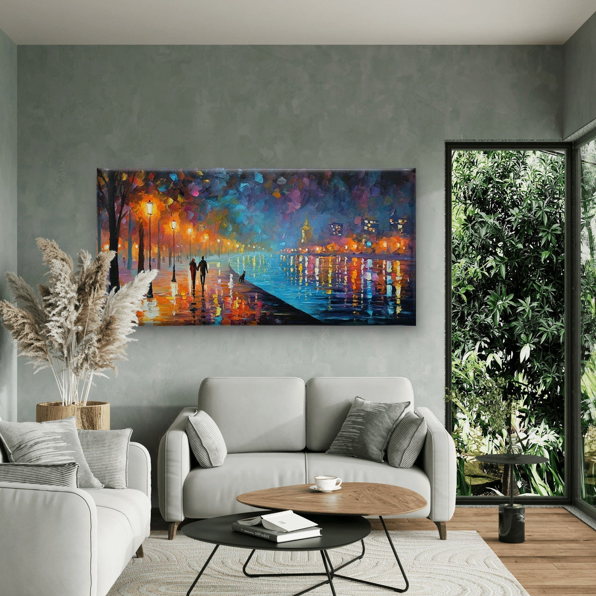 Lights Wet Pavement Reflection Wall Art Canvas Office Home Room Framed 80x45cm