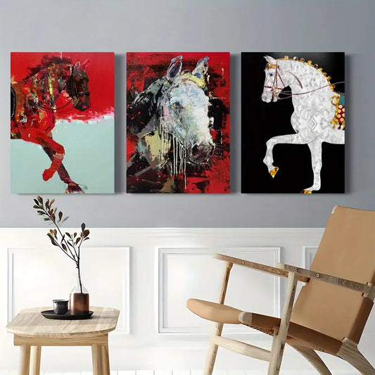 3pcs Abstract Horse Art with Red and White Themes Metal Print Ready to Hang Art