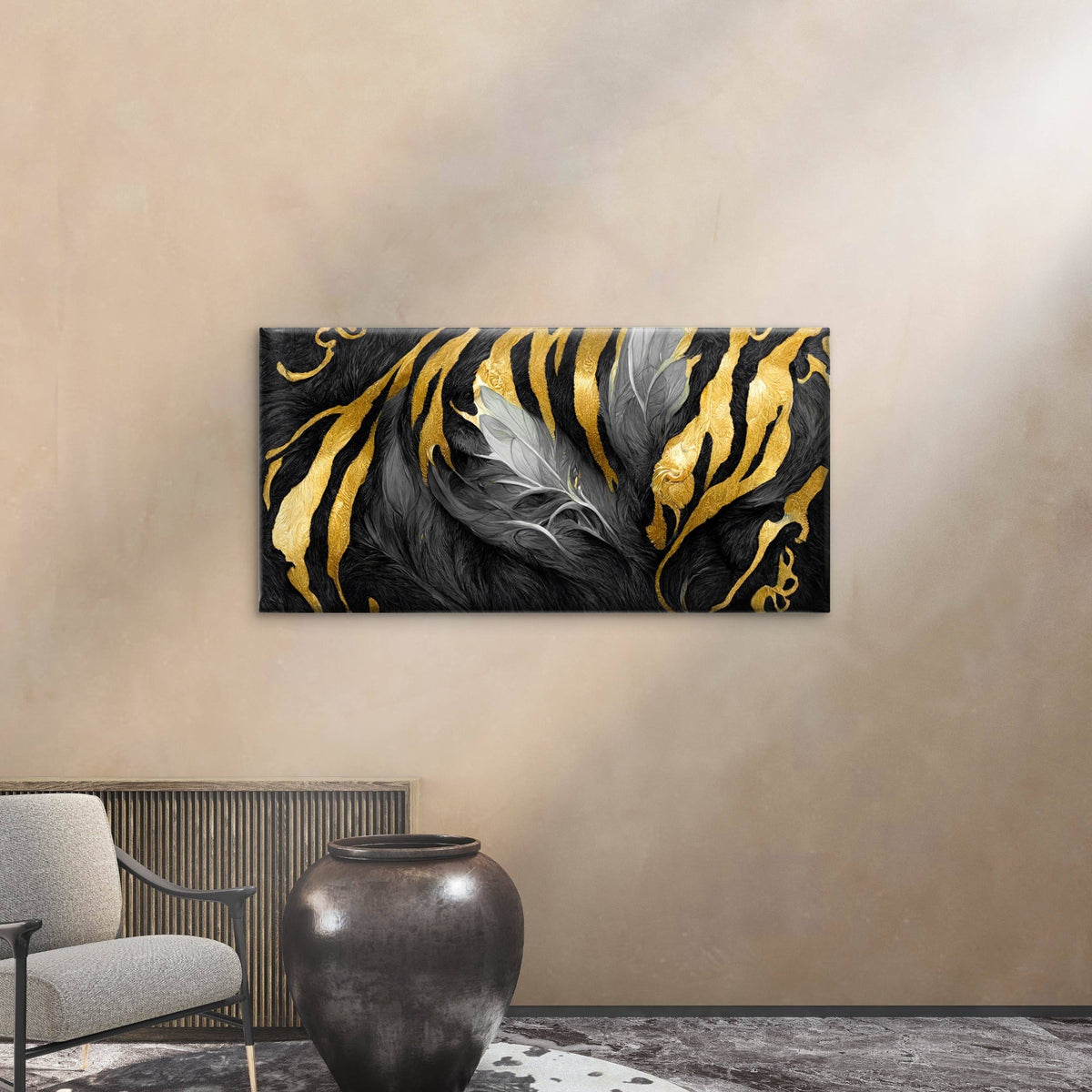 Modern Black Gold Tiger Stripe Wall Art Canvas Office Home Room Framed 120x60cm