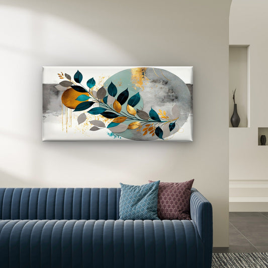 Modern Abstract Teal Gold Leaves Wall Art Canvas Office Home Framed 80x45cm