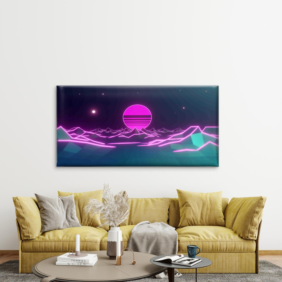 Sunset Over Neon Mountain Wall Art Canvas Office Home Room Framed 120x60cm