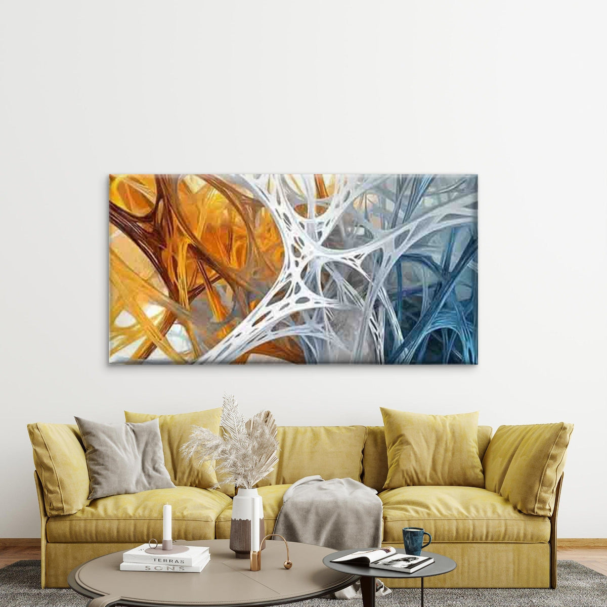 Abstract Blue And Golden Paint Wall Art Canvas Office Home Room Framed 120x60cm