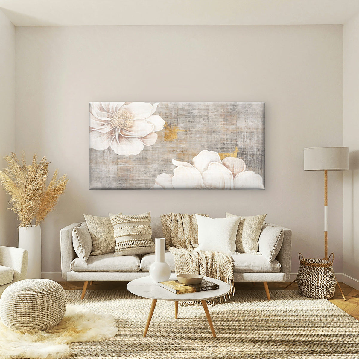 Abstract Floral Grey Gold Wall Art Canvas Office Home Room Framed 120x60cm