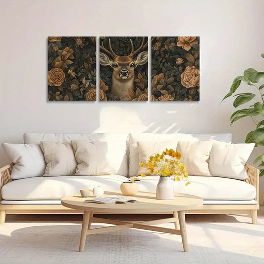 3pcs Elegant Antlered Deer Surrounded by Flowers & Leaves Metal Print Ready to Hang Art