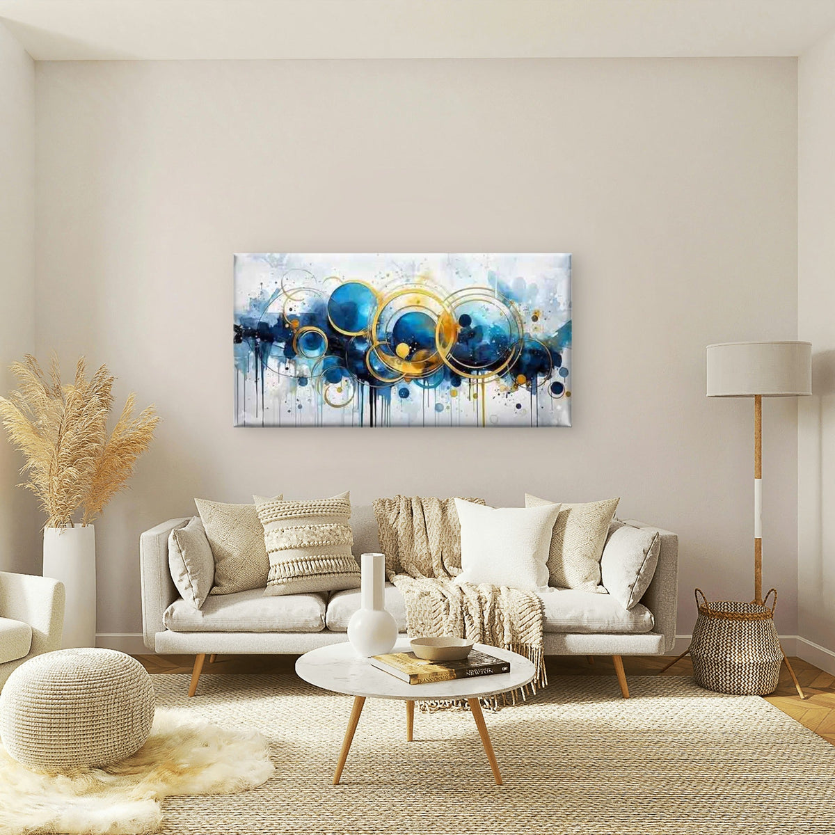 Blue Circles And Golden Lines Wall Art Canvas Office Home Room Framed 120x60cm